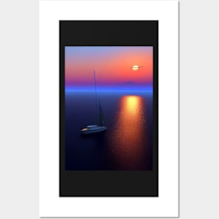 BECALMED SAILBOAT AT SUNSET Posters and Art